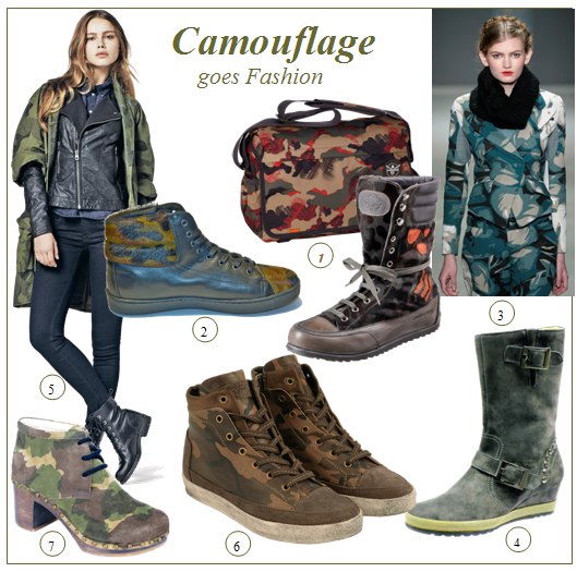 Camouflage (Military-Look) ist zurück und erlebt sein modisches Revival. Camouflage-Styles von Parkas über Hosen bis hin zu eigen interpretierten Kostümen im Camo-Style  läuten den Modewinter ein und werden durch passende Schuhe in Tarnfarben mit Camouflage-Print und Accessoires wie Camo-Taschen, Gürtel und Tücher ergänzt.  Foto: 1 Tasche Chiemsee/ High-Top Sneaker Candice Cooper / 3 Outfit GSUS / 4 Stiefel Hassia / 5 Outfit  6 Sneaker mit Camouflage Print Tosca Blu / Clogs im MilitaryLook Birkenstock